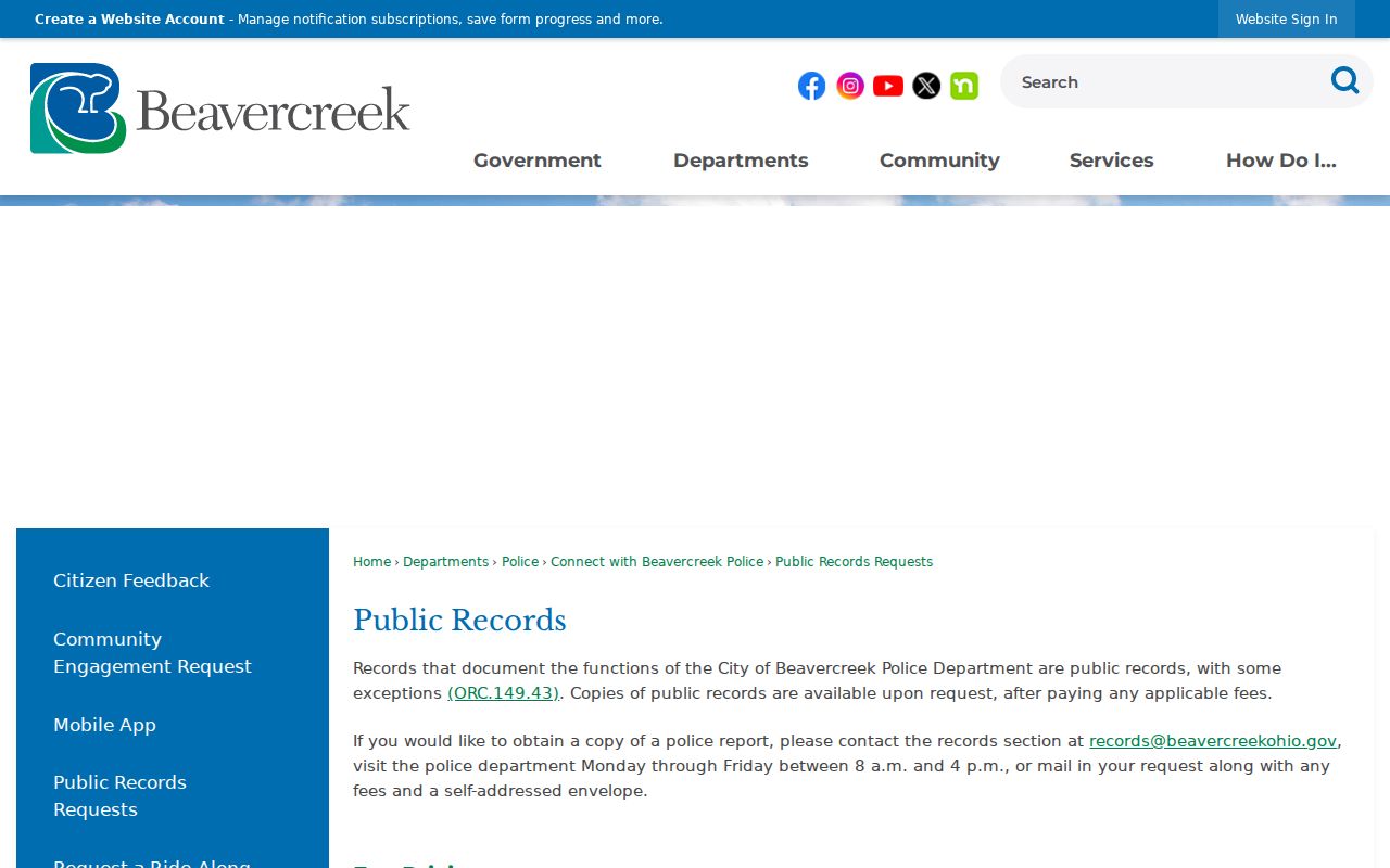 Beavercreek residents directory police public records request routes