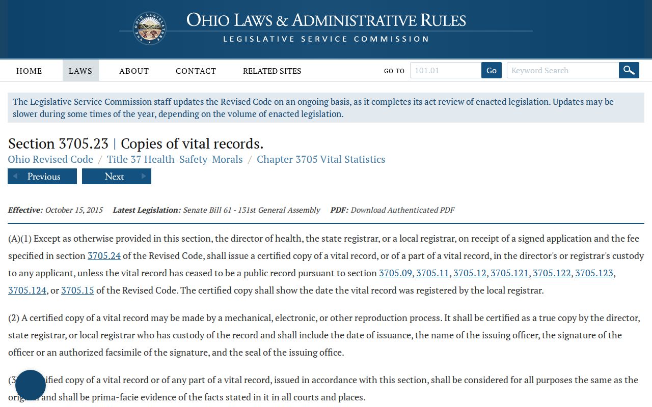 Beavercreek previous residents Ohio vital records statute